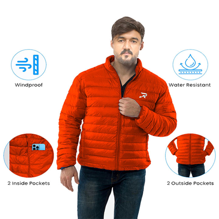 Orange Colour Puffer Down Jacket Warm For Men