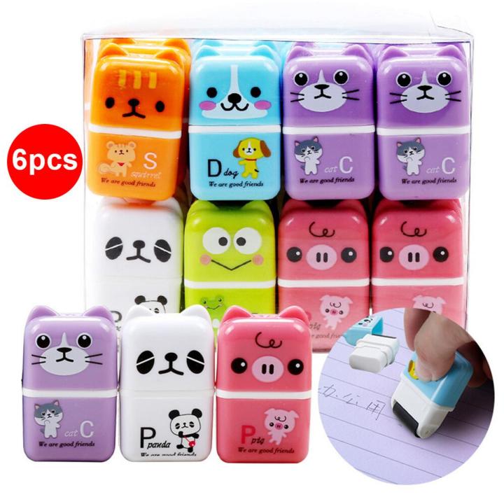 6pcs Cute Animal Pencil Eraser Cartoon Small Roller Erasers Rubber Stationery Supplies for Office School Children Students