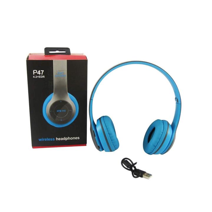 P47 Wireless Blue Headphones Bluetooth Headset Foldable Stereo Gaming Earphones With Microphone Support TF Card For ALL Mobile Phone Jack Support With SD Card Options