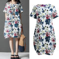 OIMG Vintage Women Loose Cotton Dress Ethnic Floral Print Pockets Short Sleeve Casual Midi Long Dress White. 
