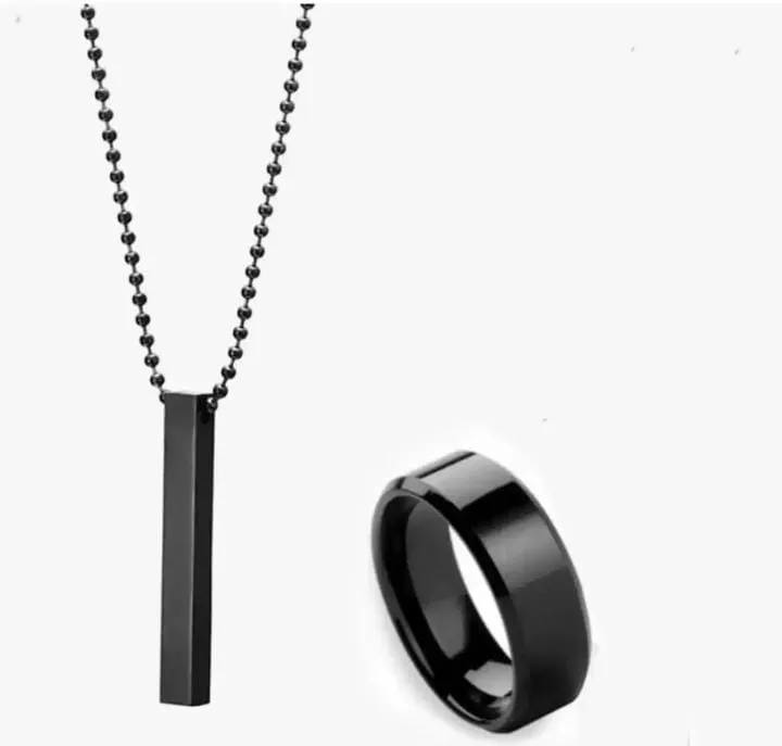 Titanium Finger Rings Pack of 2 Black Titanium Finger Ring & Black Bar Chain For Man Woman ...