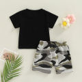 Newborn Toddler Boy Outfits Sets Letter Printed Short Sleeve T-shirt with Camouflage Short Pant Suits. 