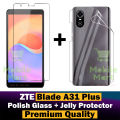 ZTE Blade A31 Plus Polished Tempered Glass Screen Protector and Transparent Hydrogel Soft Film Back Protector 2-in-1 Combo Deal. 
