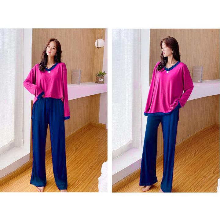 PinK V Neck With Blue Plazo Pajama Night Suit For Women Daraz.pk