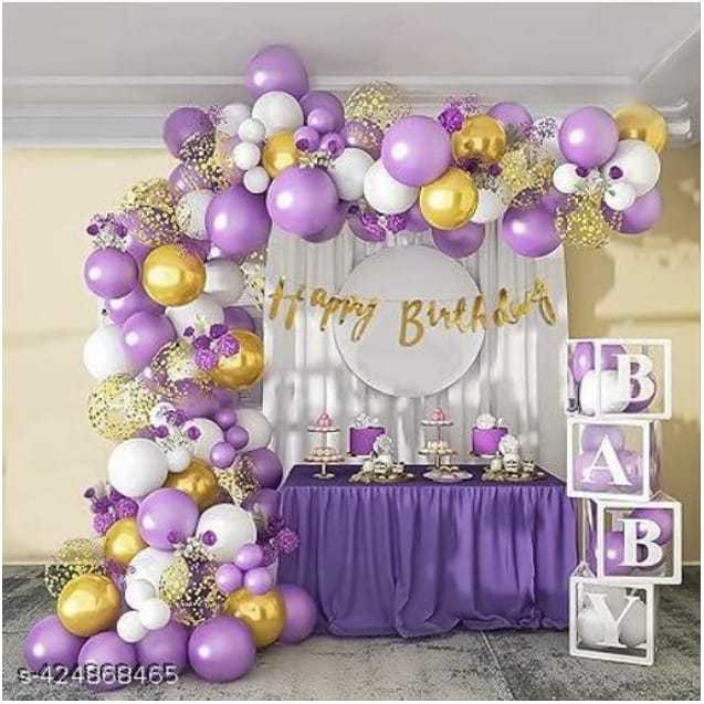 Birthday Decoration items Kit With Purple, White with Metallic Balloons  (Set of 66)