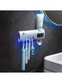 UV Toothbrush Sterilizer/Rechargeable Solar Power LED Disinfection Wall Mounted Toothbrush Holder for Bathroom with Automatic Toothpaste Dispenser , 4 Toothbrush Holder ,1 Shave (White. 
