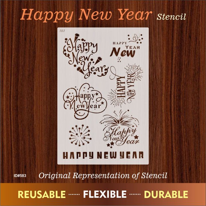 Happy New Year Stencil - Reusable Stencils for Painting - Create DIY Happy New Year Stars Decorative Paper Card Template. ID #583