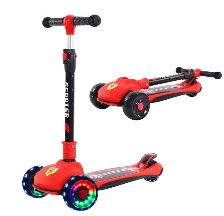 Ferrari Scooty For Kids 3 Wheel Foldable Adjustable Scooter With LED Lights Ferrari Kickboard Heavy Duty For 3to12 Years Kids
