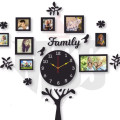 Wooden Family Tree Wall Clock with 9 Photo Frames and LED Light Home Decor. 
