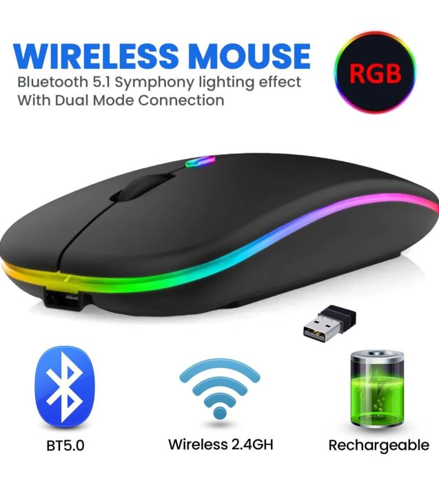 Wireless Bluetooth Mouse 2.4GHz + 5.0 / Optical led / Silent / Rechargeable / With Receiver For PC / Laptop Ultra Slim Dual Mode 5.1 Bluetooth mouse Rechargeable Battery Gaming RGB USB Wireless Optical Mouse With Silent Clicks