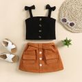 2PCS Toddler Girls Summer Clothes, Bow Strap Ribbed Knit Tank Tops + Belted Skirt Set. 