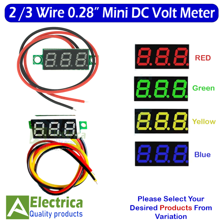 2 /3 Wire 0.28'' Multicolor DC Volt Meter Red Green Blue Yellow Digital Voltmeter 4.5-30V 2 wire and 0.1-100V 3 Wire 0.28 Inch Metar by Electrica