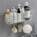 "Multipurpose Wall-Mounted Storage Rack - 1 Layer Metal Shelf with Hooks, Black Metal Shelf, Shower & Bathroom Storage Organizer, Kitchen Wall Rack, Durable Punch Frame, Space-Saving Design". 
