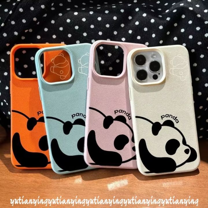 Cartoon Doodle Candy Color Simple Cute Lazy Panda Couples Case Compatible for IPhone 15 13 11 16 12 14 Pro Max 16 15 14 Plus XR X XS Max Luxury Leather Texture Skin Feel Soft Cover