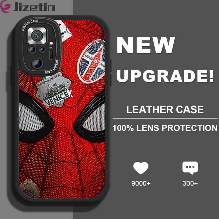 Jizetin for Redmi Note 10 Pro Note 10 Pro Max Back Cover Spider Man  Lambskin Texture PU Leather Back For Girls Boys Soft Phone Case