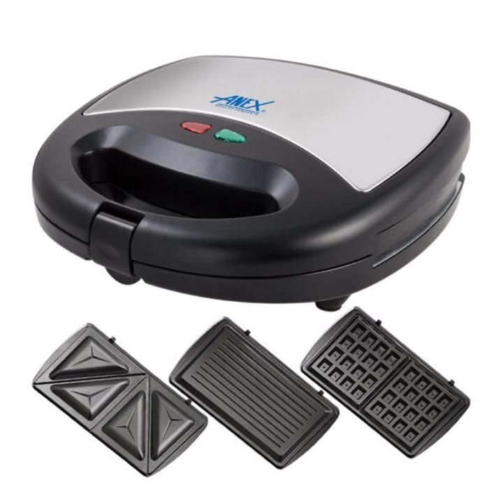 Anex Deluxe Sandwich Maker 3 in 1 Sandwich maker AG-1039 C delicious hot sandwiches crispy waffle Bar B Q grill Silver & Black 2 Years Brand Warranty
