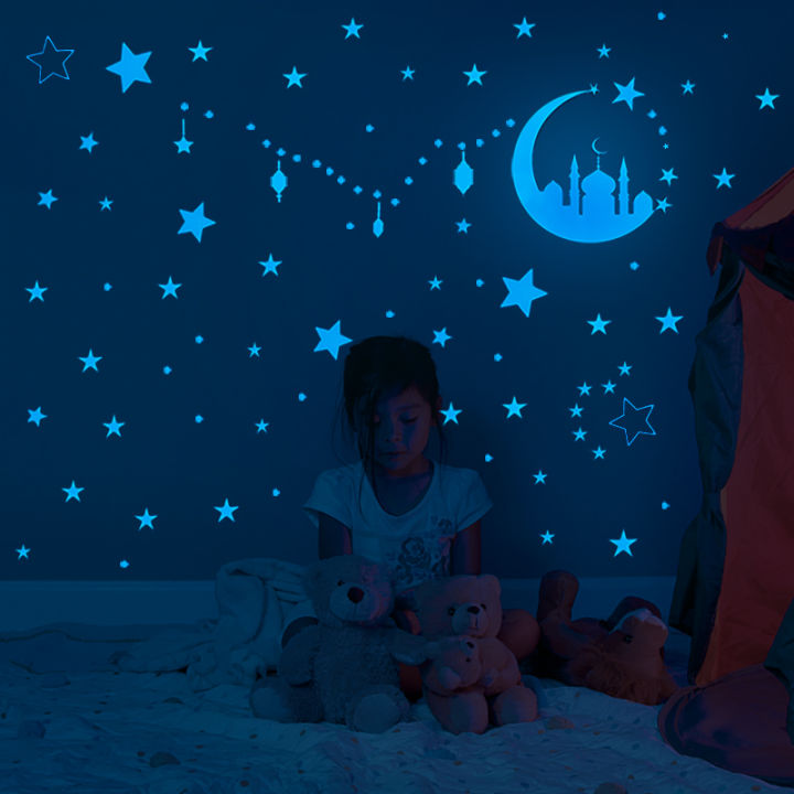 1Set EID Mubarak Blue Light Luminous Wall Sticker Ramadan Star Moon Glow Decoration Islamic Muslim Festival Children Room Decor
