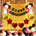 Happy Birthday Letter Banner Balloon Set of (Black)+ 3pc Golden Fringe Curtain (3x6 Feet) + HD Metallic Balloons (Black, Red,Gold and Silver) Pack of 60 + 4 Star Balloon(Red,Gold) + 2 Heart Balloon(Red) + Multipurpose Ribbon + 1pc Fairy. 