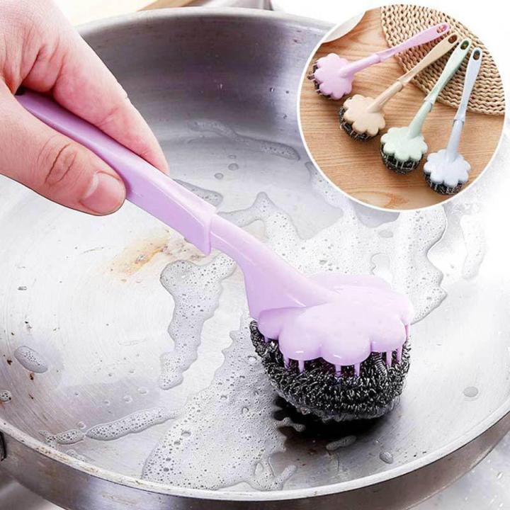 New Selling Flower Shape Steel Wire Ball Brush Long Handle Metal Scouring Pad Kitchen Bathroom