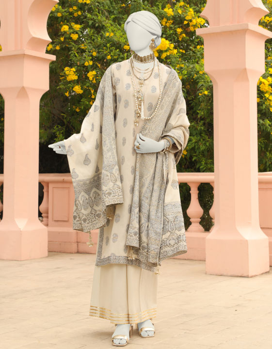 Junaid Jamshed Women Unstitched 3 Piecefor Women And Girls - Fabric: Jacquard - Color: White -Collection: Eid Tehwar Edit Vol. - Designcode: Jlawn-S-24-341 Riway