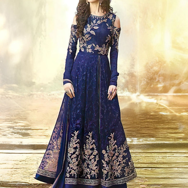 3-Piece Chiffon Fully Embroidered Maxi Dress for Women/Girls, Navy Blue, AR-07