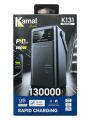 Kamal K131 130000mAh Power Bank with LED Camping Lamp | 60W PD Fast Charging Outdoor Portable Charger with Type-C, Micro USB & Lightning Input, Waterproof Digital Display Powerbank. 