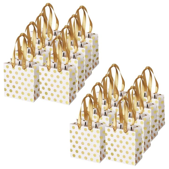 Small Gift Bags with Ribbon Handles Gold Mini Gift Bag,(Metallic Dots 16 Pack Bulk)