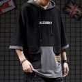 IELGY Men's Hooded Patchwork T-Shirt Loose Half Sleeve Hip Hop Hoodie Sweatshirt. 