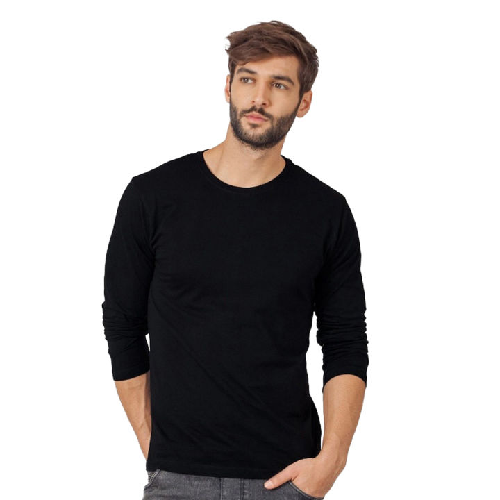 Black Plain Cotton Full Sleeve  T-Shirt For Men