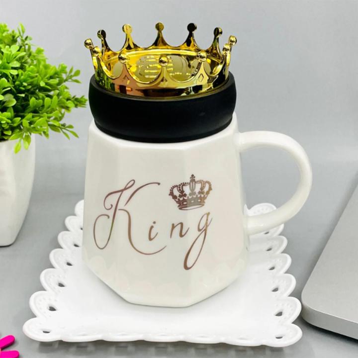 King Queen Crown Design Ceramic Mug With Crown Lid, Coffee Cup Gift For Anniversary & Birthday