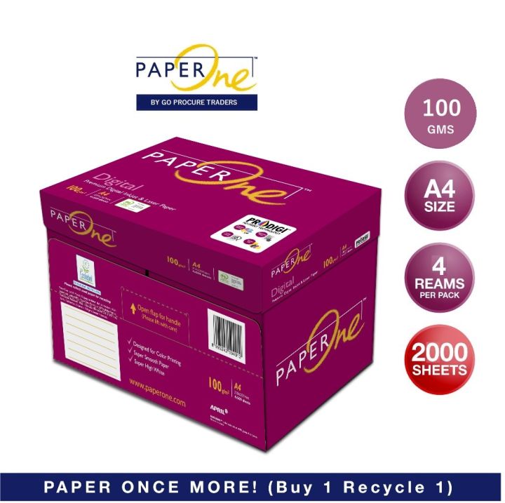 PaperOne Digital 100Gsm A4 Printing Paper ( 1 Box ) (pack of 4 Reams) - a4 100gms 4 rims - imported