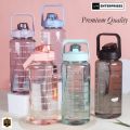 High Quality Transparent Water Bottle 2000 ML with Time Marks Motivational markings Bounce Cover Time-Period Scale Reminder n Frosted Cup 2 litre Travel bottle for cold water, Outdoor fitness Training, office  and school. 
