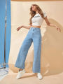 Ice Blue Women Wide Leg High Waist Denim Jeans Pants For Girls | Factory Outlet. 