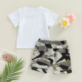 Newborn Toddler Boy Outfits Sets Letter Printed Short Sleeve T-shirt with Camouflage Short Pant Suits. 