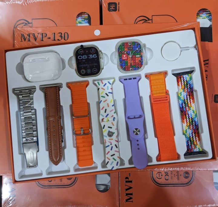 MVP-130 smart watch with 7 different straps in Rendom Colour and wireless Airbuds and Cover - Always on Display or 49mm HD Display - Touch watch, 7 straps watch, watch with Airbuds