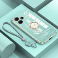 For Realme Note 50 Back Cover with Lanyard Rhinestone Ring Stand Luxury 6D Plating Square Frame Phone Case Shiny Holder Soft Silicone Protective Cases Pouch Girls. 
