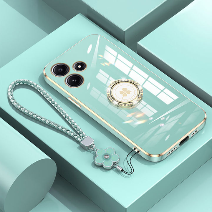 For Realme Note 50 Back Cover with Lanyard Rhinestone Ring Stand Luxury 6D Plating Square Frame Phone Case Shiny Holder Soft Silicone Protective Cases Pouch Girls