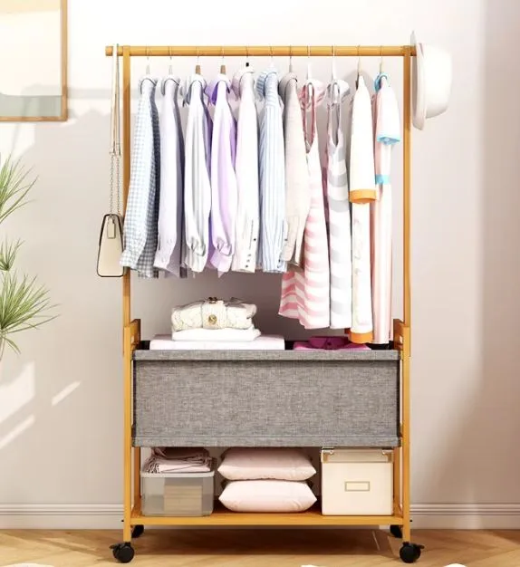 360° Wooden Coat Rack Stand With Fabric Basket Clothes Rack With Wheels ...