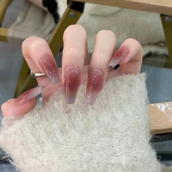 24Pcs Pink Long Fake Nails with Glue DIY Art Design False Nails Wearable Nails Stylish Pattern Artificial Nails