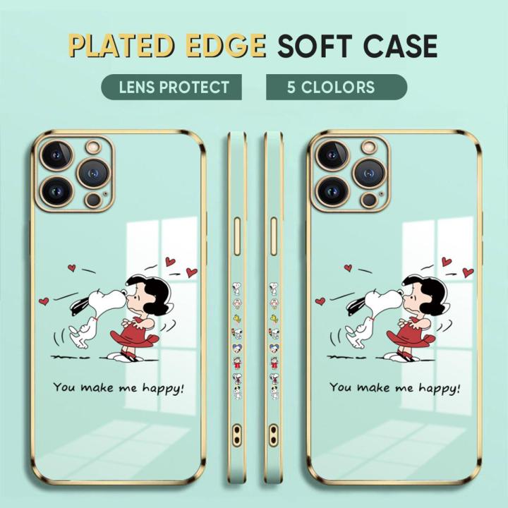 (Free Lanyard) Luxury 6D Plating Case for iPhone XS MAX Phone Cases Happy Cartoon Puppy Side Print Soft Silicone Square Back Cover