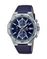 Casio Edifice Mens Silver Stainless Steel Case Round Analog Chronograph Stop Watch Date Multi-Function Blue Genuine Leather Strap Watch-EFV-640L-2AVUDF. 