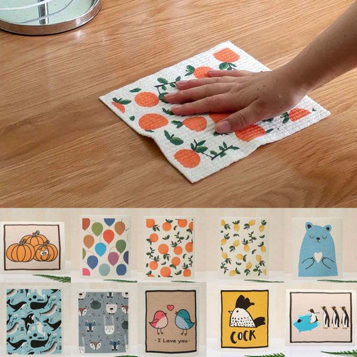 Printed Absorbent Dishcloth Cleaning Cloths Water Absorbing Rag Reusable Wet Dry Household Kitchen Rag Dishwashing Scouring Pad