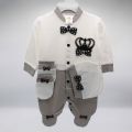 Super Fancy 3D Crown Baby Bow Romper With Cap & Mitton - 0 to 6 Month - White & Gray. 