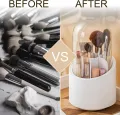360° Rotating Makeup Brush Storage Box Portable Desktop Cosmetic Organizer,7 Slots Transparent Makeup Brush Box Dust Free Makeup Brush Organizer for Display Stand Bedroom Dresser Bathroom Counter Top.. 