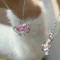 Heart Pendant Pink Crystal Necklace For Women Girl Elegant and Sweet Punk Party Jewelry Clavicle Chain. 