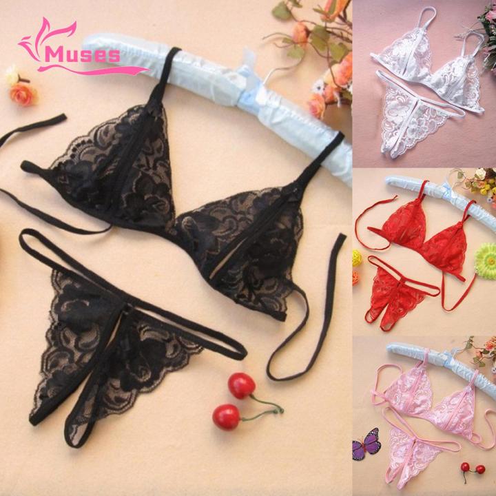 Muses 2pcs/set Erotic Women Lace See Through Triangle Cup Bra Open Crotch Briefs Underwear Set