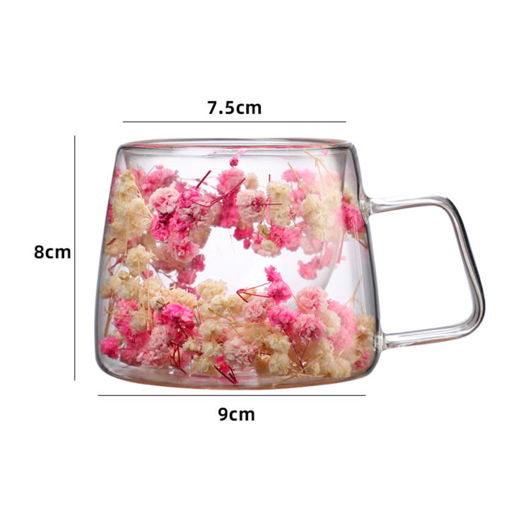 Clear Flower Tumbler Floral Glass Mug with Insulated Handle Aesthetic Double Wall Coffee Cup for Hot Cold Drinks 200ml Capacity Flower Embellished Coffee Mug