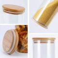 Pack of 3 Large, Medium and Small Square/Round Wooden Lid, Borosilicate Glass Jar Food Storage Containers Set, Airtight Food Jars with Kitchen Canisters for Sugar, Candy, Cookie, Rice and Spice Jars.. 