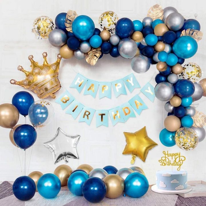 Golden and Blue Happy Birthday Decoration Set ( Including Birthday Banner + 30 Balloons Gold ,Silver & Blue+ 2 x Stars Gold & Silver + 5 Filled Confetti Balloons + crown Balloon) Happy Birthday Themes Birthday & Party Supplies -Home Decorations