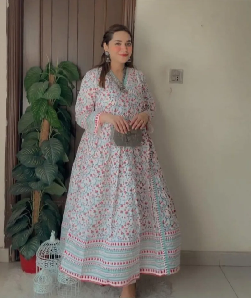 chinese dress ladies Beautiful Angrakha style Long Cotton Dress/ Kurti with side tie up str –  India1001.com main image 1